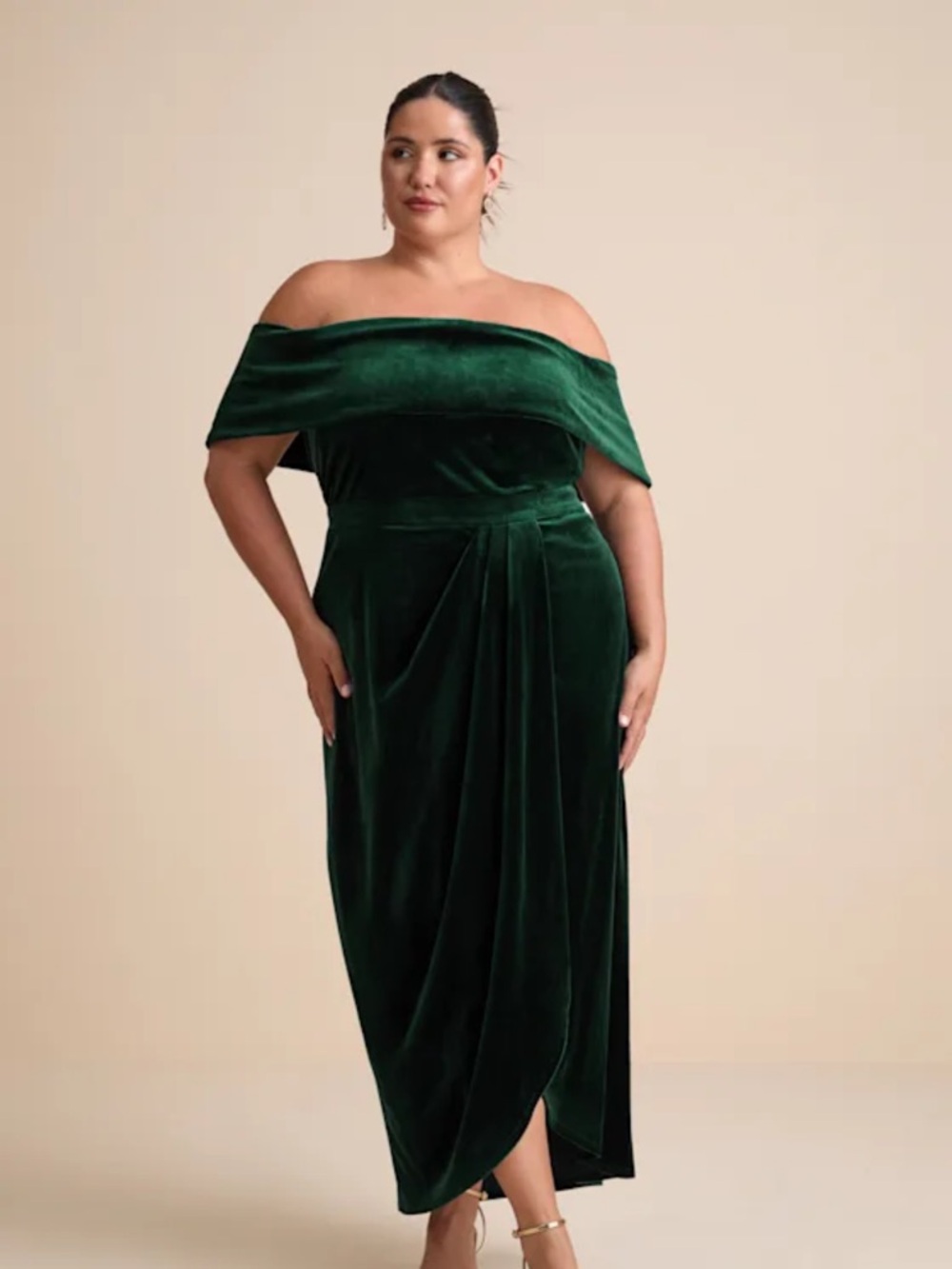 Lulu's Emerald Off-the-Shoulder Velvet Midi Dress